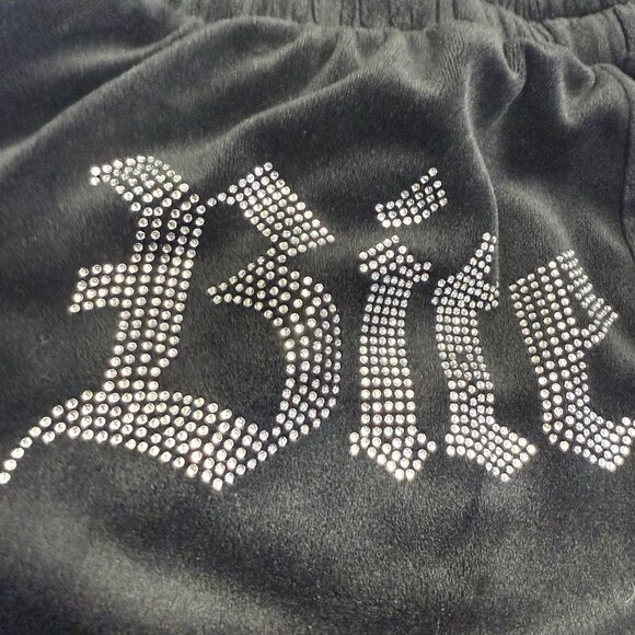 Y2K Style Velour Pants Womens Small Black 'Bite Me' Rhinestones Casual (25x28.5) - Picture 6 of 13